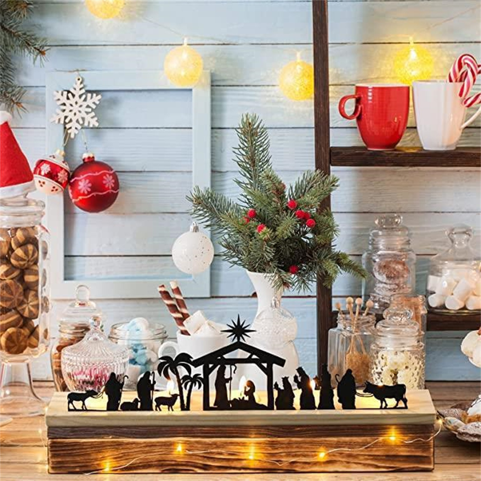 InsCrazy Christmas Lights Decorations, Nativity Scene Nativity Sets for Christmas Indoor Black Metal Nativity Set with Wood Base People Nativity Set Tree Nativity for Christmas Table Decoration